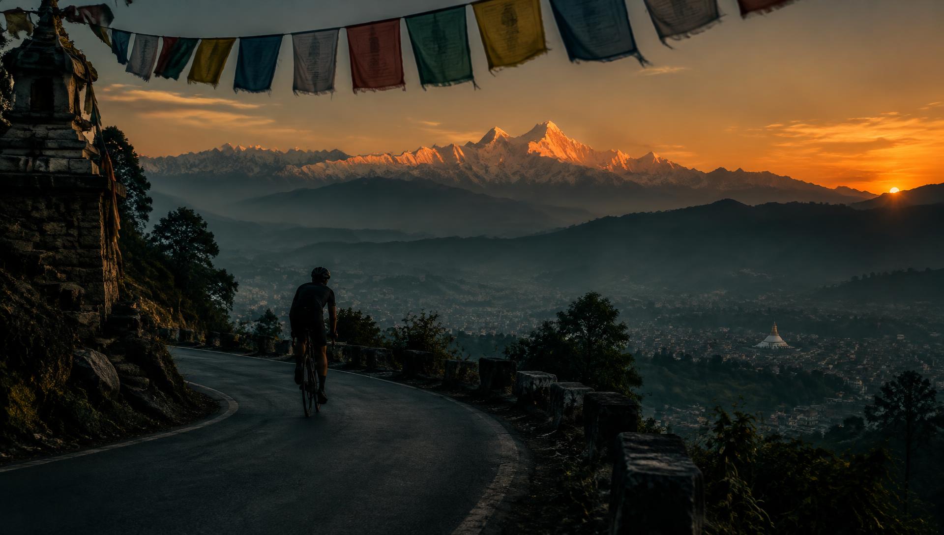 A cyclist on a mountain road above the Kathmandu valley at sunset
